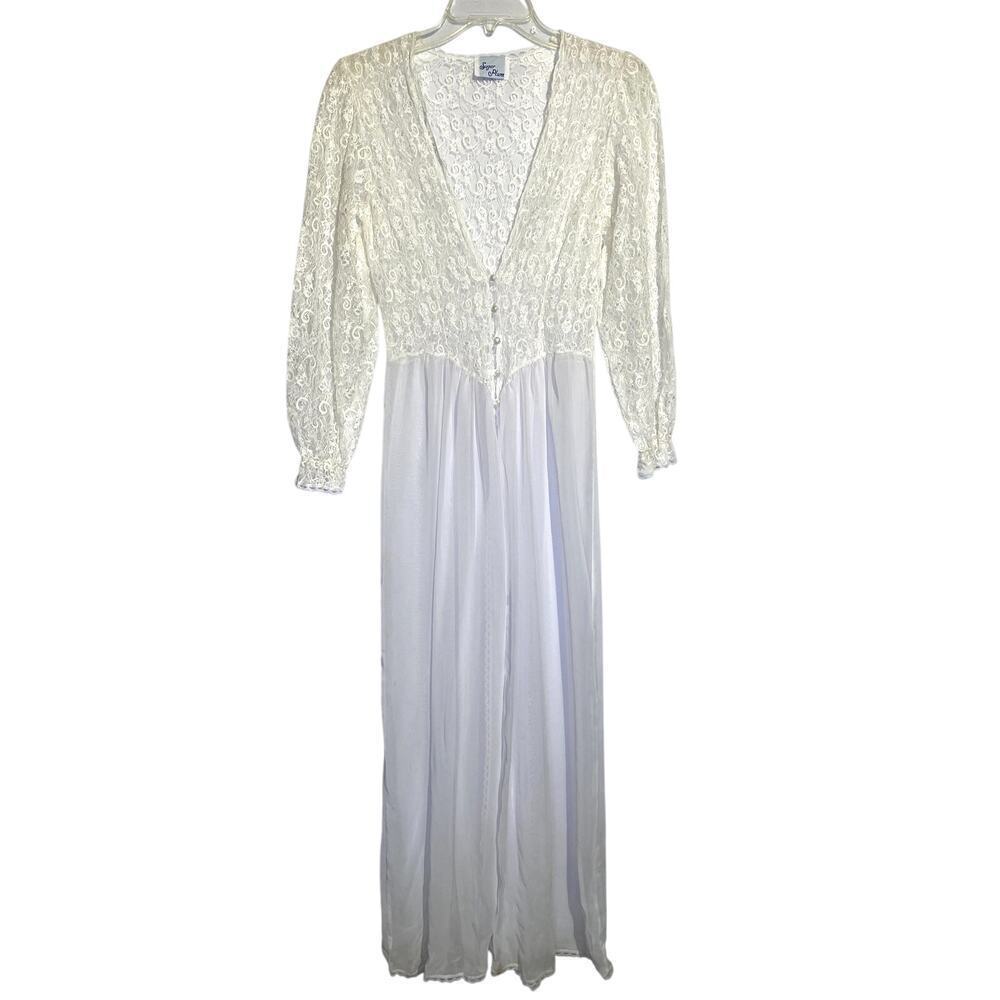 Vintage Sugar Plum White Lace Made in USA Sheer Lingerie Bridal Maxi Robe